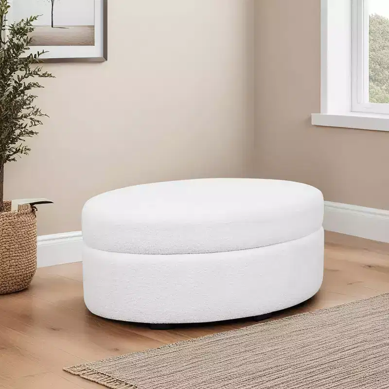 Suranne Oval Boucle Storage Ottoman - Cream White