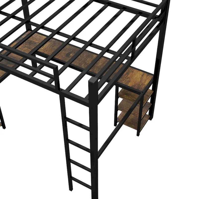 Metal Loft Bed with Desk and Shelves
