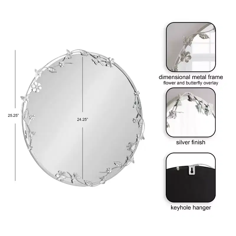 Kate and Laurel Rosella Floral Wall Mirror Metal, Silver, 26x26