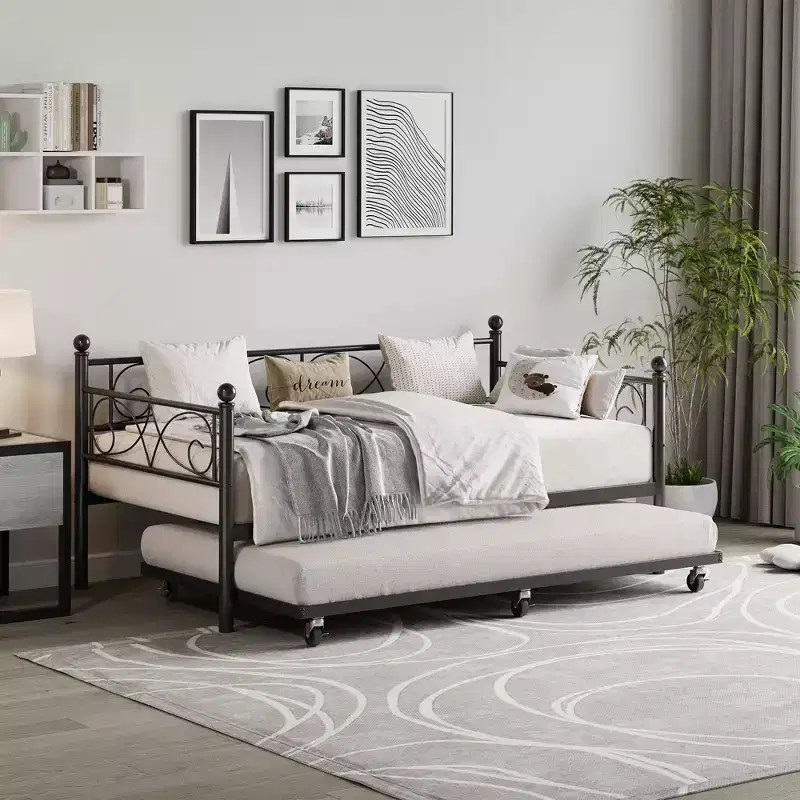 Daybed with Trundle Bed, Twin Size Metal Day Bed with Floral Headboard, Modern Sofa Bed Frame, Heavy Duty Steel Slats Supports