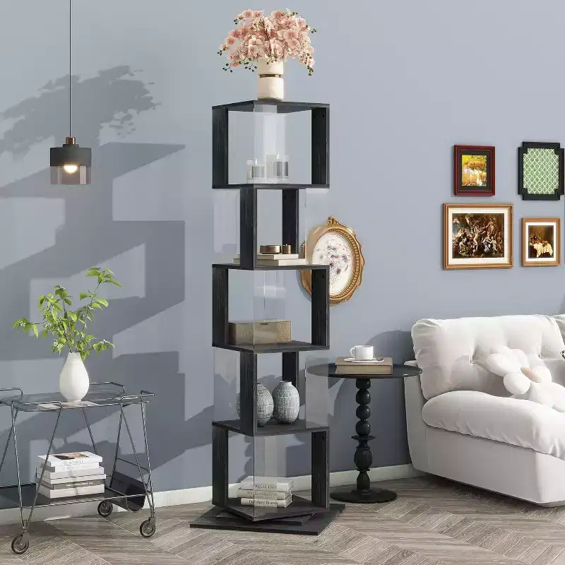 6-Tier 360 Rotating Bookcase, Narrow Wood Shelf with Acrylic Panels, Floor Organizer for Bedroom, Living Room, Study