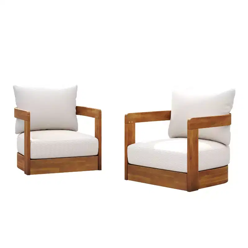 Set of 2 Premium Acacia Wood Outdoor Club Chairs with Curved Tub Design, Water-Resistant Cushions