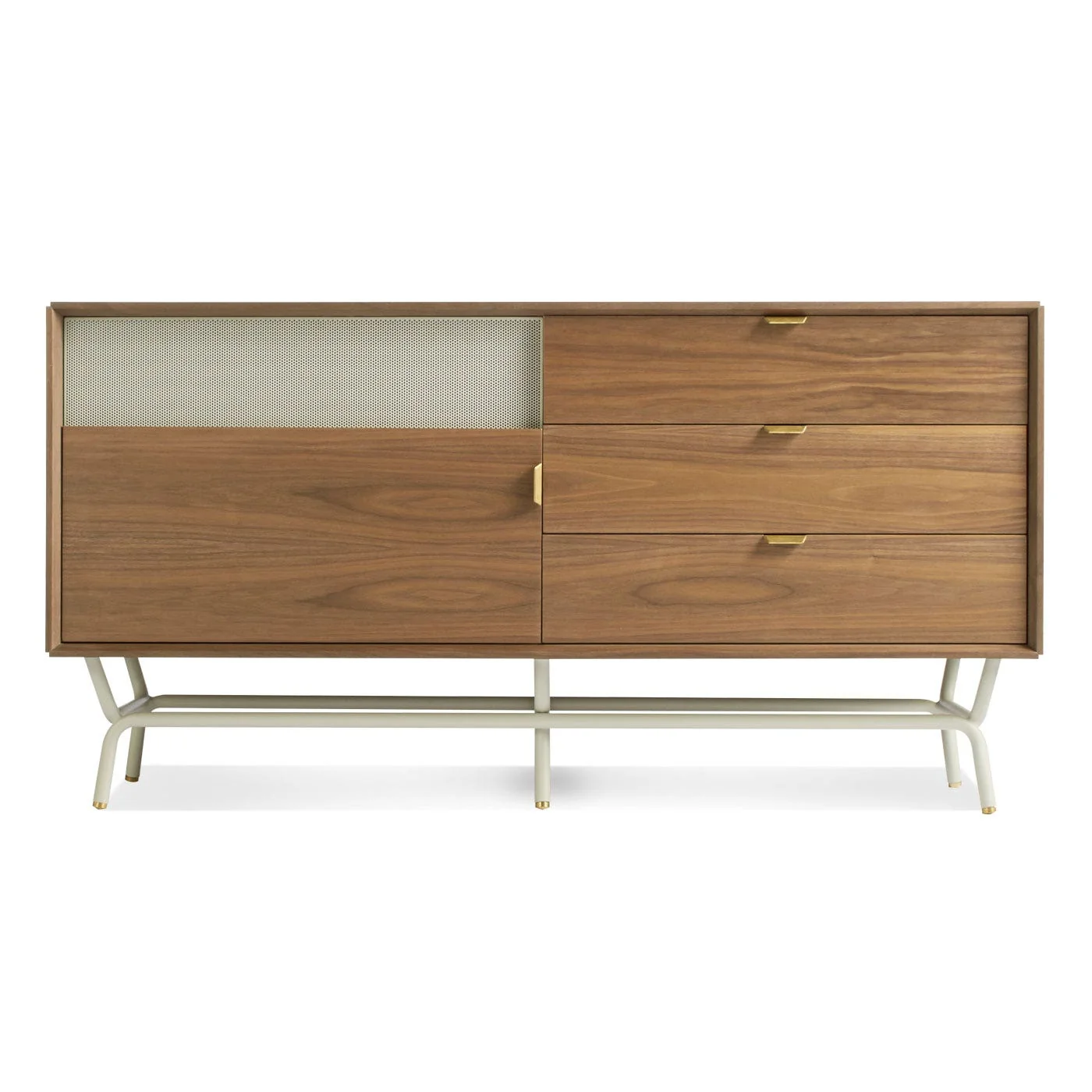 Modern Grey Steel Cabinet with Perforated Doors & Brass Pulls for Living Room