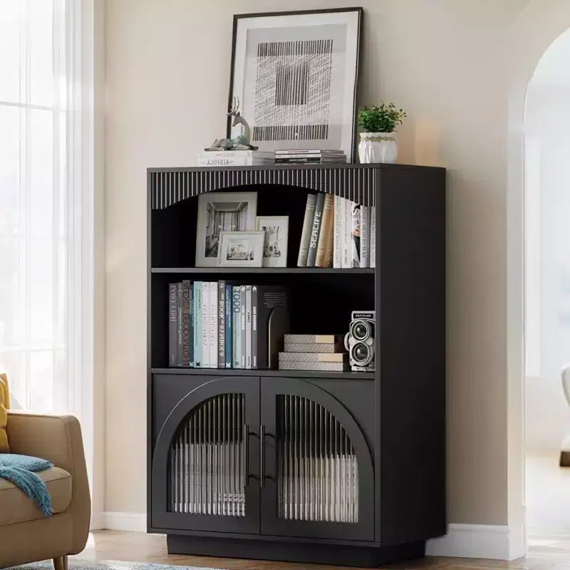 46 Bookshelf with Doors, Black Bookcase with Glass Door, 3 Tier Small Bookshelf