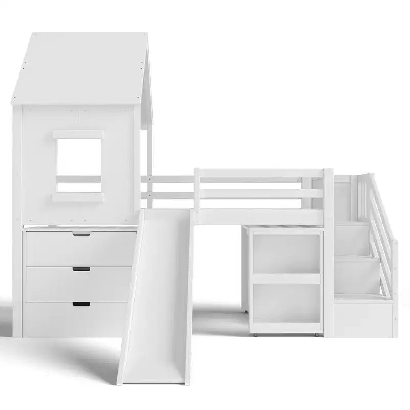 Wood Twin Loft Bed with Slide, Removable Desk & Storage Stairs