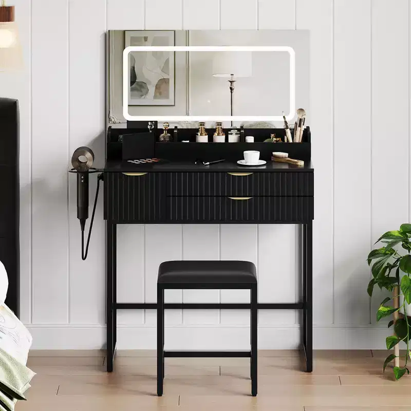 Black Vanity Desk with LED Mirror, 2 Drawers & Stool, 1-Person