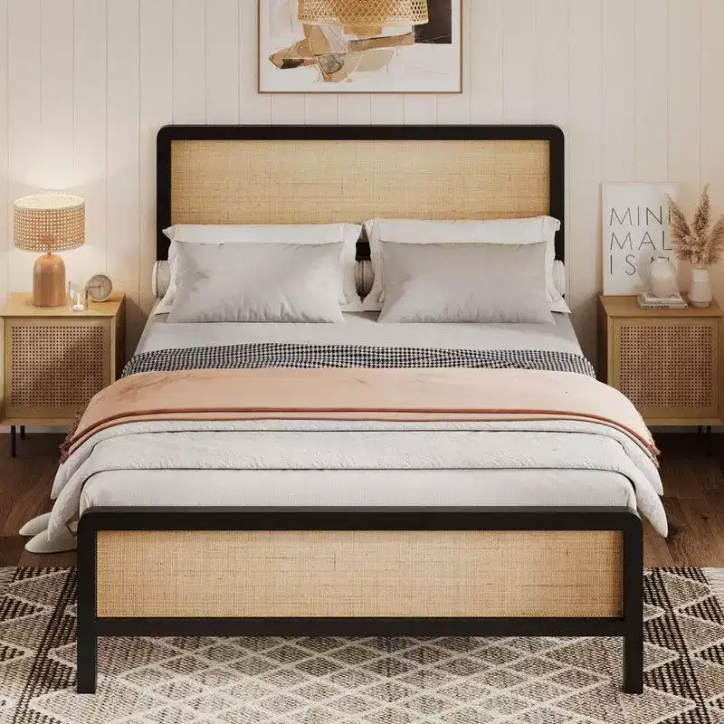 Full/Queen Rattan Platform Bed, Bed Frame with Natural Rattan Headboard and Footboard, Metal Bed Frame with Under Bed Storage