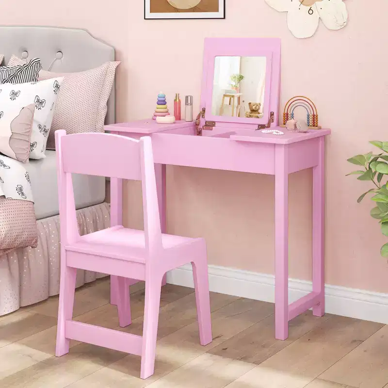 Kids Vanity Table & Chair 2-in-1 Princess Makeup Dressing Desk