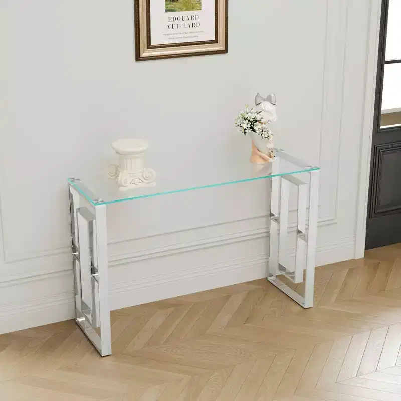 Modern Console Table, Transparent Glass with Stainless Steel Legs for Living Room, Office, Silver