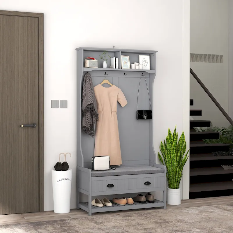 Entryway Hall Tree Coat Rack with Bench | 4 Hooks, 2 Drawers, Padded Cushion | Gray | 35x16.5x67.75