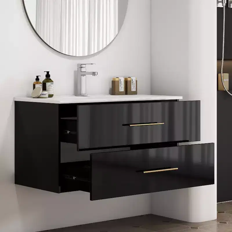 Bathroom Vanity Wall-Mounted with Sink, Double Drawers, Ceramic Sink, Long Metal Handle, Easy to Install
