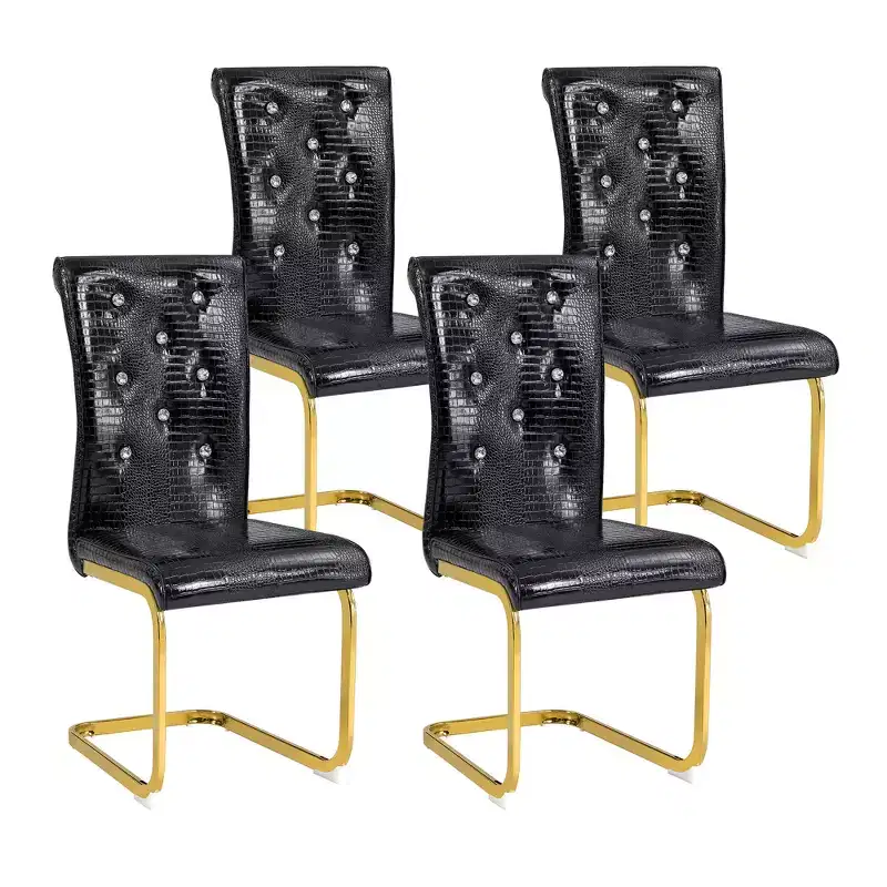 Set of 4 Upholstered Dining Chairs with Faux Leather and Crystal Buckle Details, with Durable Metal Legs