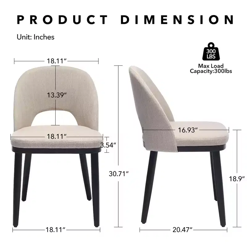 Upholstered Dining Chairs Set of 2, Modern Fabric Kitchen Side Chairs with Thick Cushions and Wood Legs, Comfy Chairs with Curved Backrest