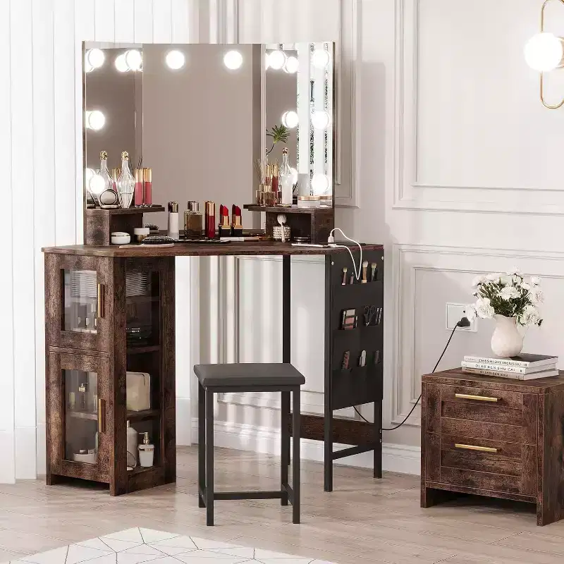 Corner Vanity Desk Mirror - 3-Fold Mirror with 3 Lighting Modes, Built-in Power Station with Outlets and USB Ports, for Bedroom, Makeup Studio