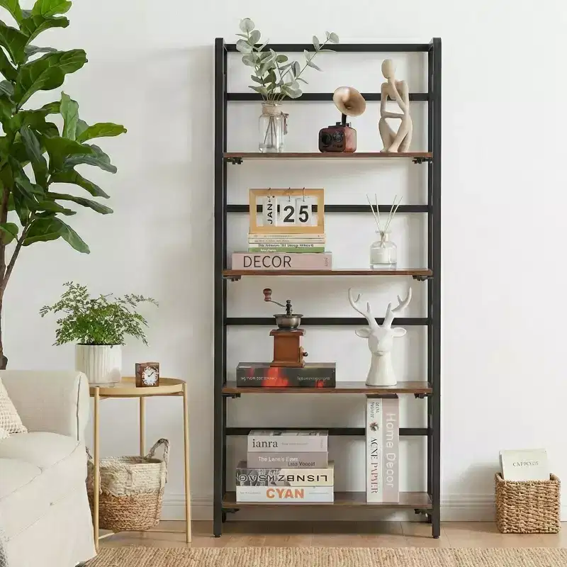4-Tier Folding Bookshelf, No Assembly Required Vintage Bookcase, Freestanding Storage Shelves Organizer for Home Office and Study Room