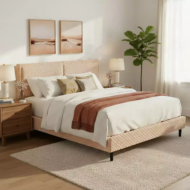 Camel Plush Upholstered Bed Frame – Tufted Headboard Platform Bed