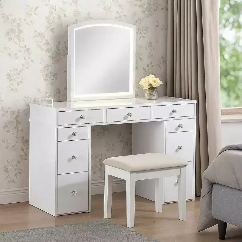 Royal Hampton 3Pc White Vanity Table Set With Led Mirror And Beige Padded Stool