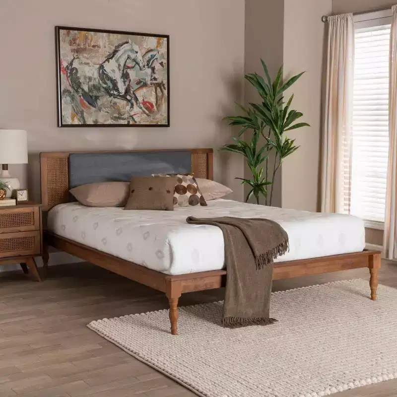 Baxton Studio Eliseo Fabric and Wood Platform Bed Dark Gray/Walnut Brown