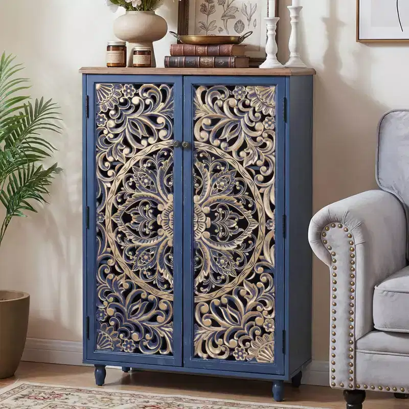 Bekrvio Tall Storage Cabinet with 3D Carved Hollow Pine Doors, Distressed Gold Finish, Adjustable Shelves, Boho Farmhouse Kitchen Buffet Cabinet, Blue