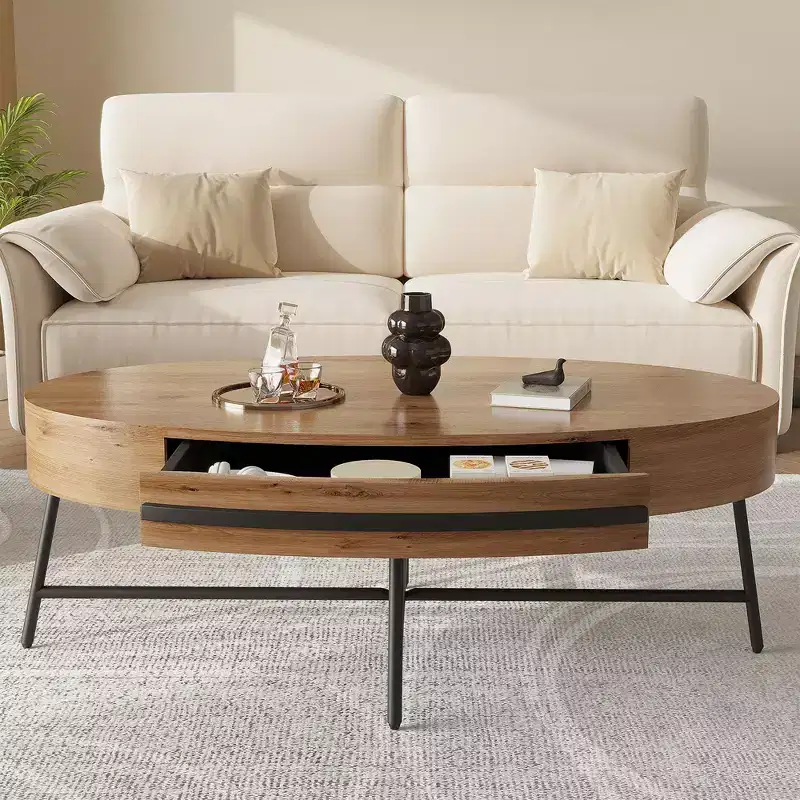 Oval Coffee Table with Drawer Mid-Century Modern Center Table 47.2 Wooden Coffee Table with Storage and Cross Metal Legs Curved Design