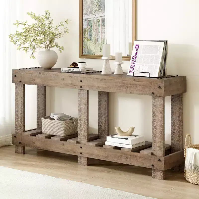 Vintage Console Table with Bottom Shelf & 6 Legs, 63 Inch Entryway Sofa Table with Metal Rivet Decor