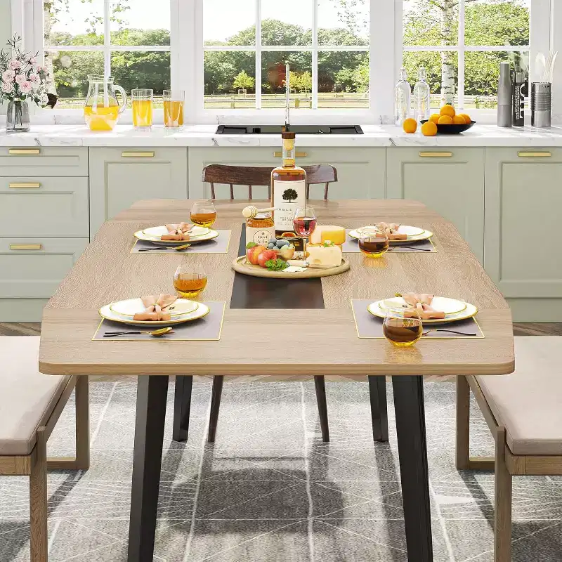 Lantine 70.8 Boat-Shaped Dining Table for 6-8 People, Industrial Kitchen Table, Large Wood Dining Room Table for Kitchen, Family Gathering