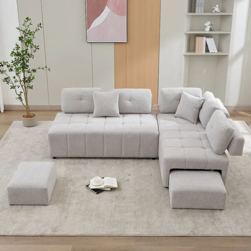 91.73 L-Shaped 4-Seat Sectional Sofa with 2 Hidden Stools, 2 Removable Lumbar Cushions, and Durable Chenille Fabric