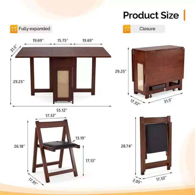Karl Home 4-Person Walnut Wood Foldable Dining Set