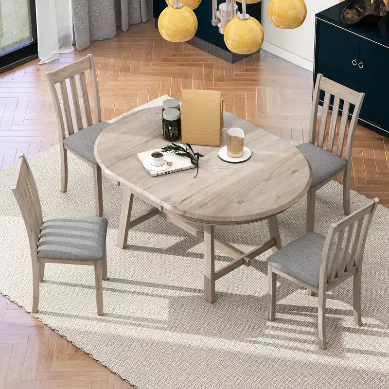Round Extendable Dining Table Set, 5 Pieces Wood Dining Table with 4 Chairs, Dining Room Table Set for 4 person for Dining Room