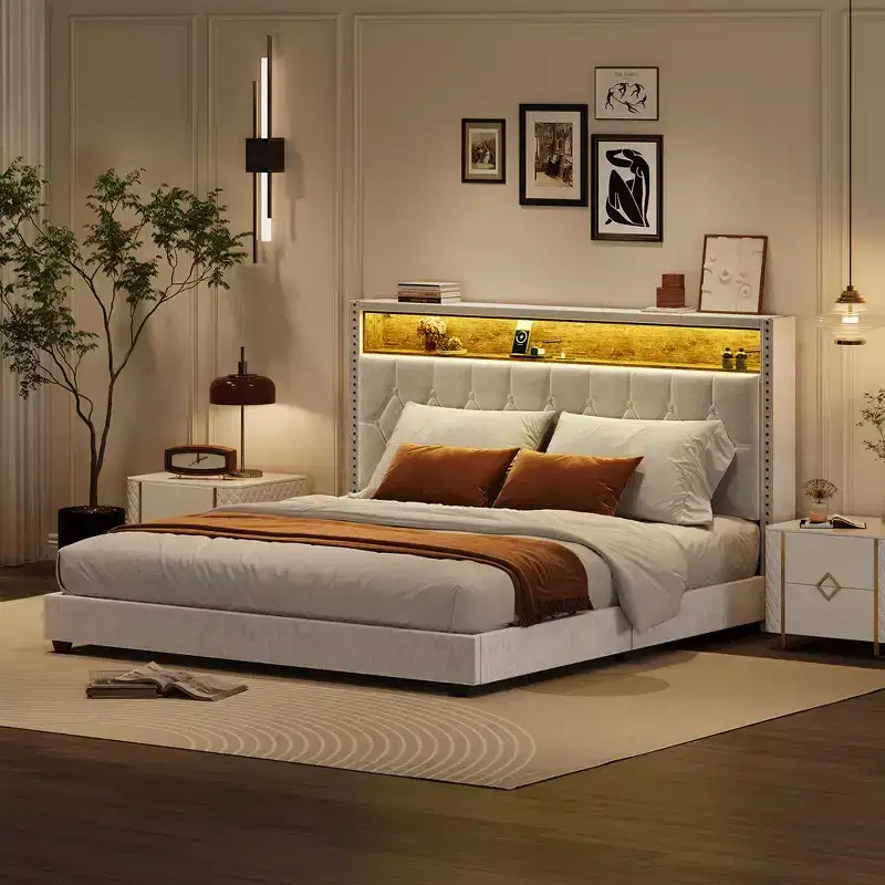 Velvet Upholstered Platform Bed Frame With Storage Headboard, Nailhead Trim Wingback Headboard, Wood Slats Support, Off White