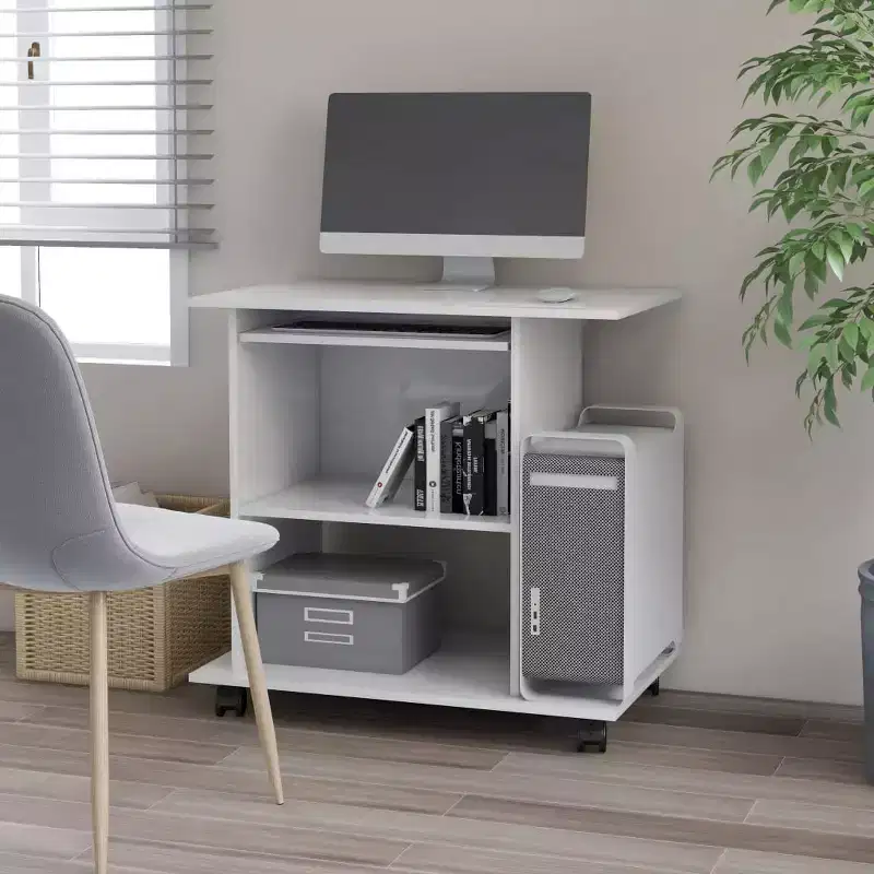 Compact White Computer Desk with Storage Shelves