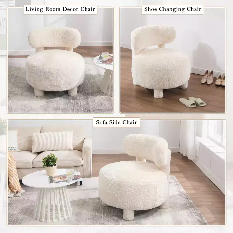 Upholstered Accent Chair Armless Side Chair with Curved Backrest, Teddy/Fur, White/Khaki - ModernLuxe