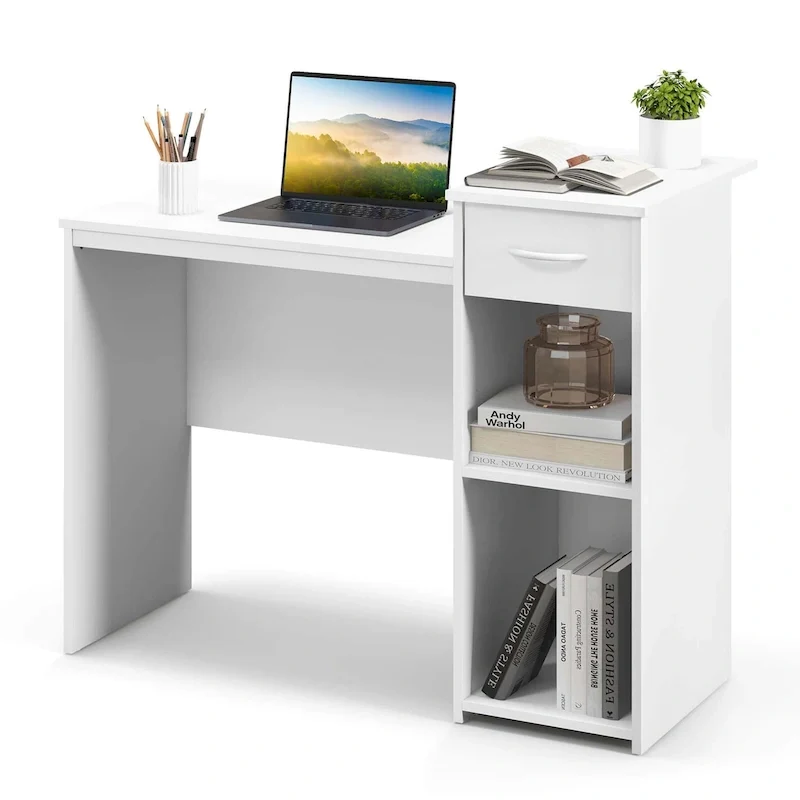 White MDF Computer Desk with Slide-Out Drawer, Adjustable Shelf and Cable Management for 1 Person
