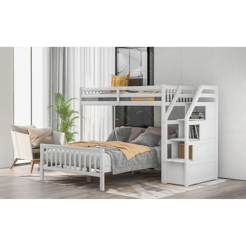 Twin Over Full Wood Loft Bed with Staircase,High Guardrails and Ladder