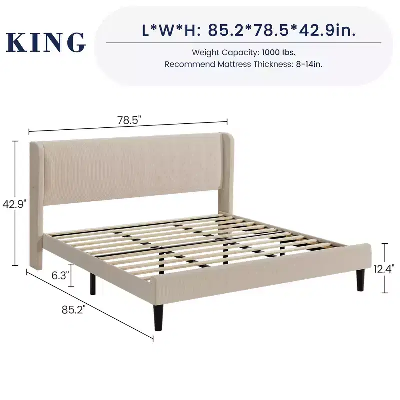 Upholstered King Platform Bed with Wingback Headboard & 2 Storage Pockets for 1