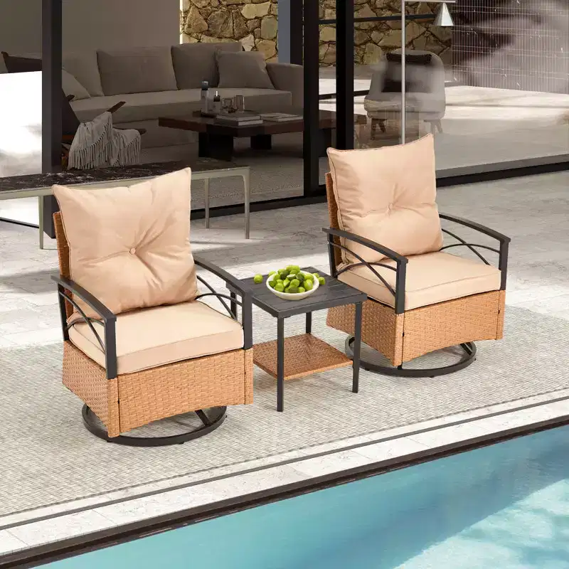 EROMMY 3 Pieces Patio Swivel Rocker Rattan Chairs,Outdoor Swivel Rocking Chairs with 1 Rattan Coffee Table,Perfect for Porch,Garden,and Lawn