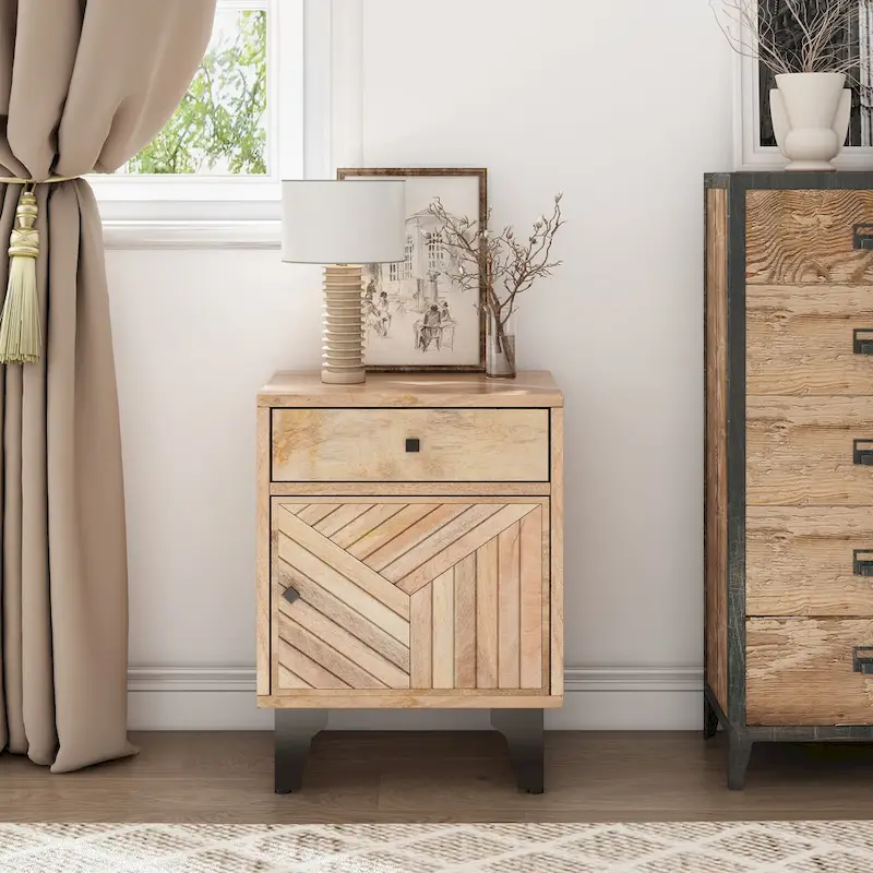Handcrafted Solid Mango Wood Nightstand with Drawer – Natural Finish, 18x14x24