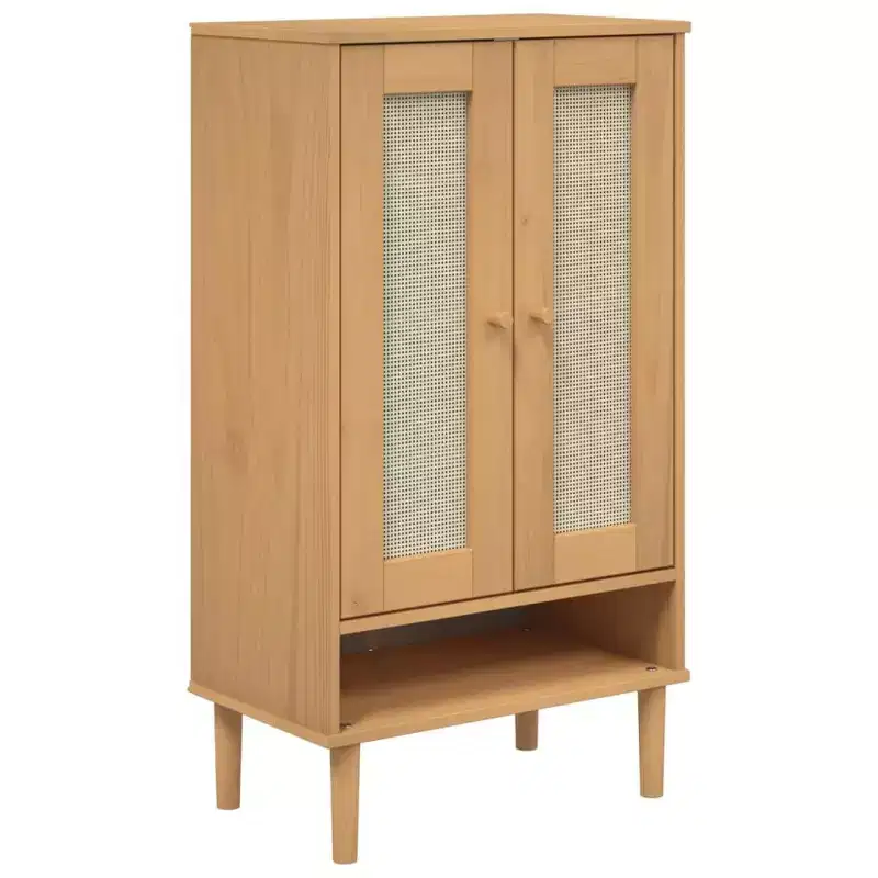Shoe Cabinet Accent Storage Organizer, Rattan Look Solid Pine Wood