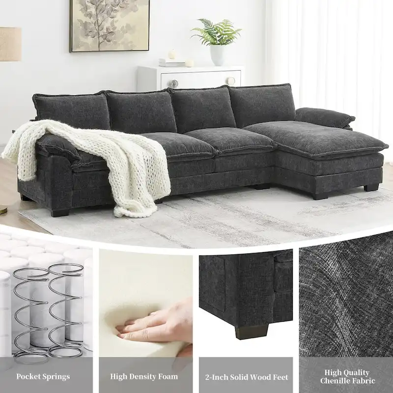 Harper&Bright Designs Modern L-shaped Chenille Cloud Sofa with Double Seat