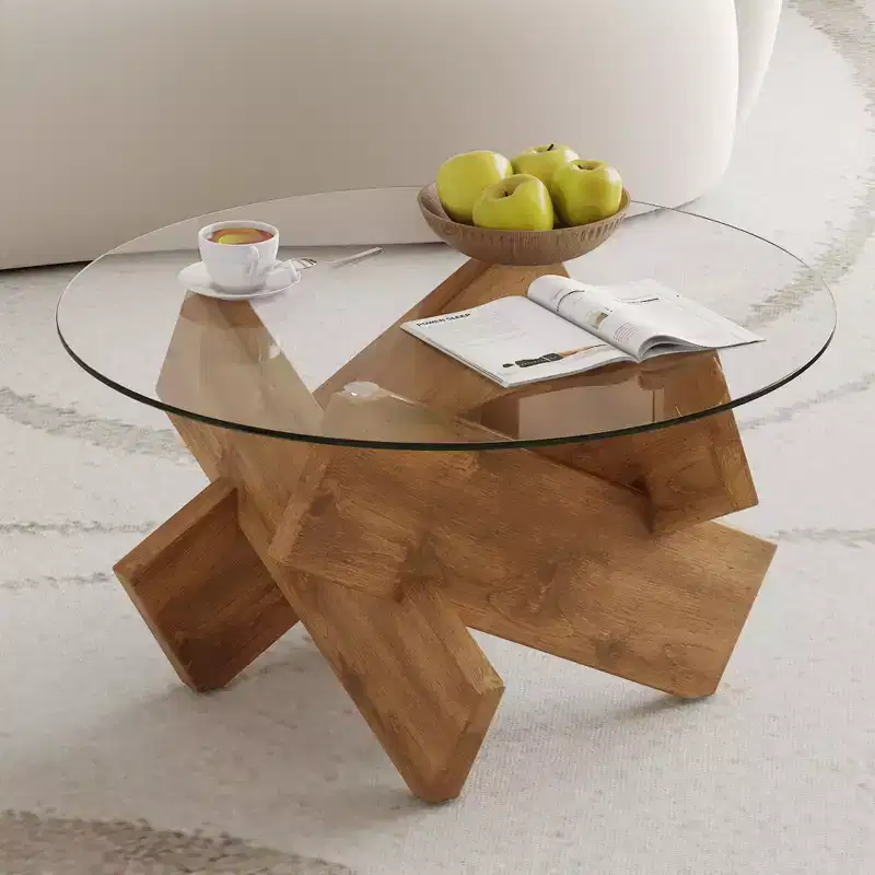 Modern Glass Coffee Table with Tempered Glass Top for Living Room, Wood