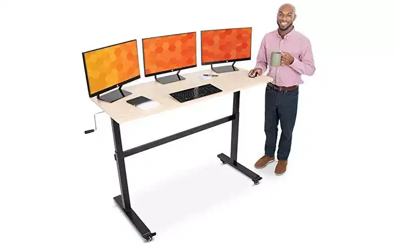 Stand Steady Tranzendesk | 55 Inch Standing Desk | Crank Height Adjustable Sit to Stand Workstation | Ergonomic Desk Supports 3 Monitors (Maple)