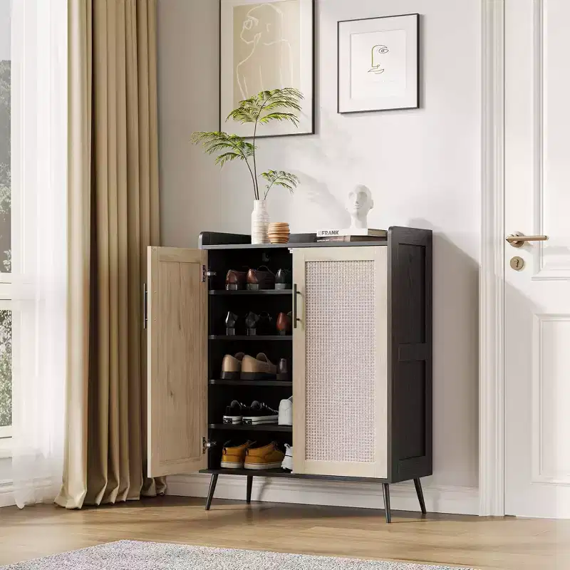 5-Tier Rattan Shoe Cabinet with 2 Doors, Adjustable Shelves, Wooden Shoe Rack for Entryway,