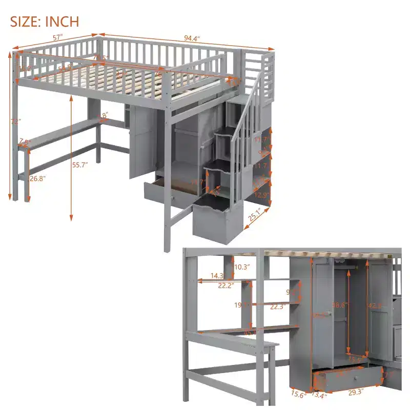 Wood Full Size Loft Bed with Bookshelf, Desk, Drawers & Wardrobe 94.4''L x 57''W