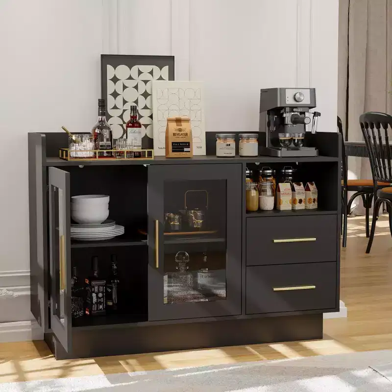 Wine Cabinet - Coffee Bar Station,High-Load-Bearing Capacity Liquor Cabinet with Drawers,Durable Double Glass Doors & Anti-Tipping Design