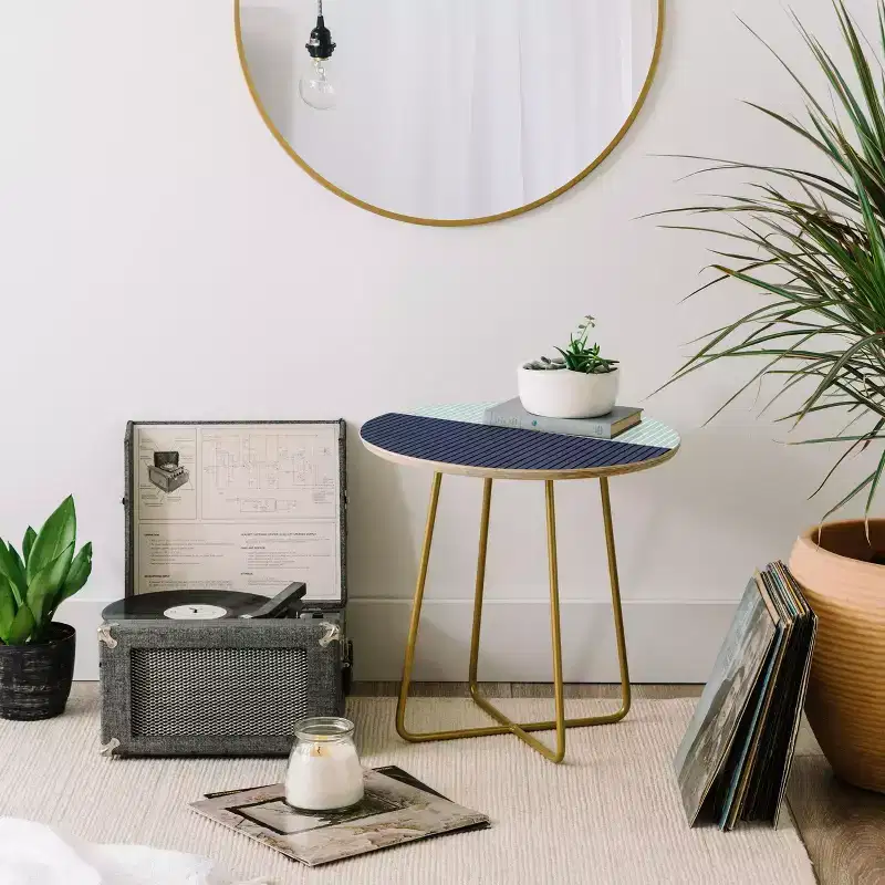 Round Colour Poems Color Block Lines Side Table Green/Gold: Stain-Resistant, Steel Frame, Wood Composite Top