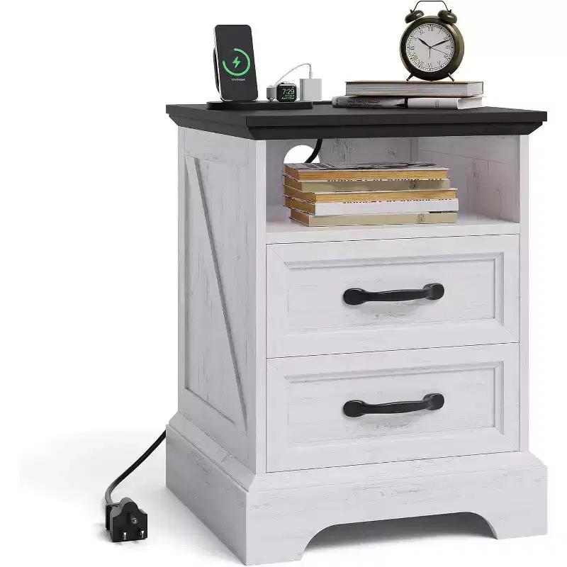 Farmhouse Rustic Nightstands with Charging Station, Modern Wood Night Stands Bedside Tables with 2 Drawers, White Accent Side Tables for Living Room