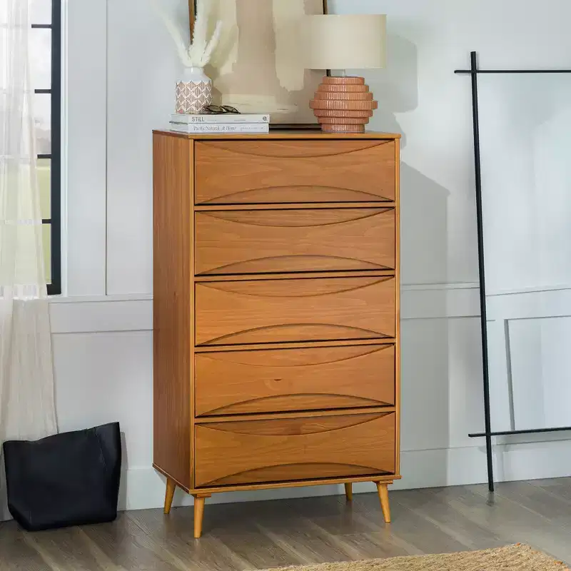 Walker Edison Mid Century Modern Contoured 5 Drawer Chest of Drawers