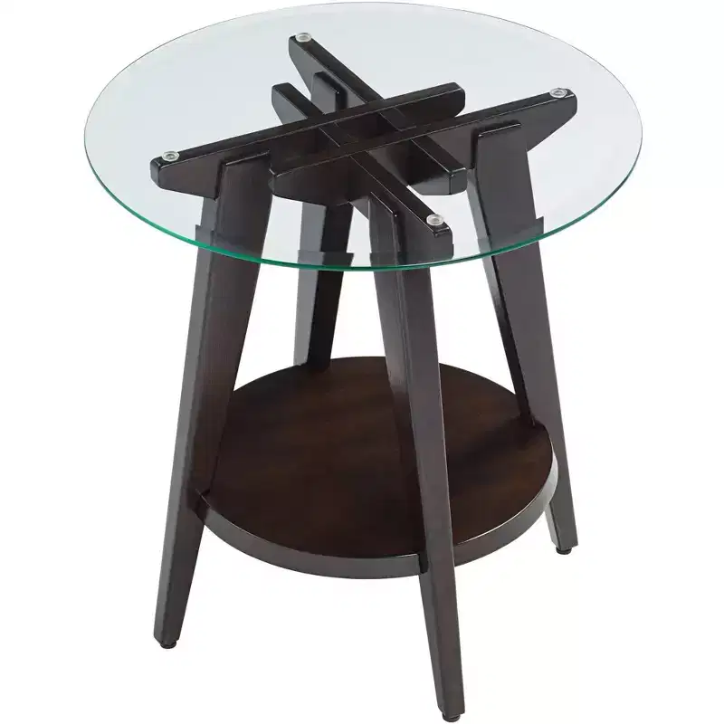 55 Downing Street Farmhouse Wood Round Accent Table 24 Wide with Shelf Dark Brown Tempered Glass Tabletop Living Room Home House