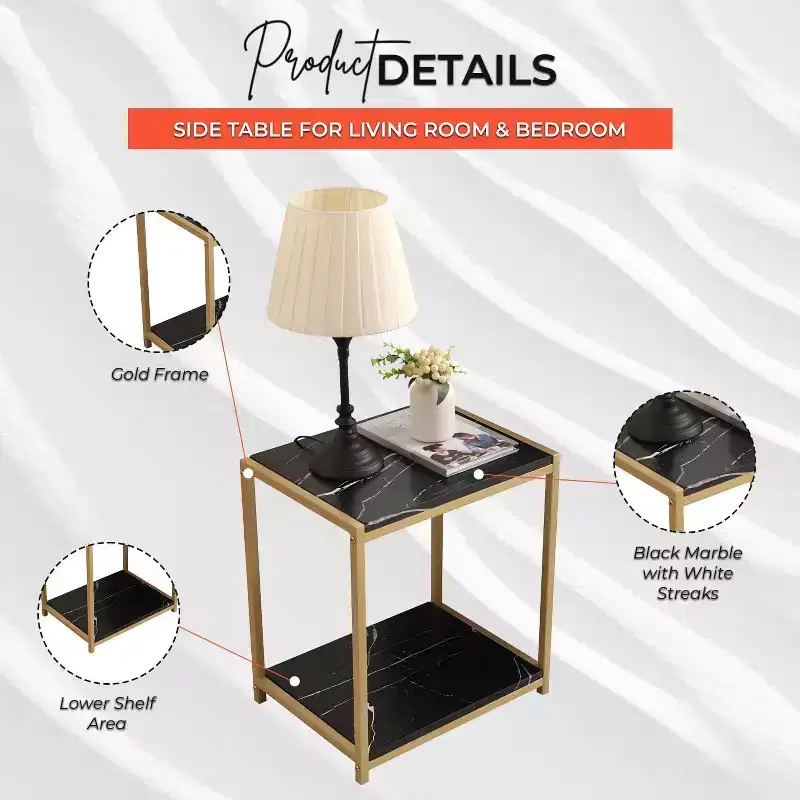 2-Tier Faux Marble Side End Table Gold Metal Frame Nightstand Bedroom Living Room