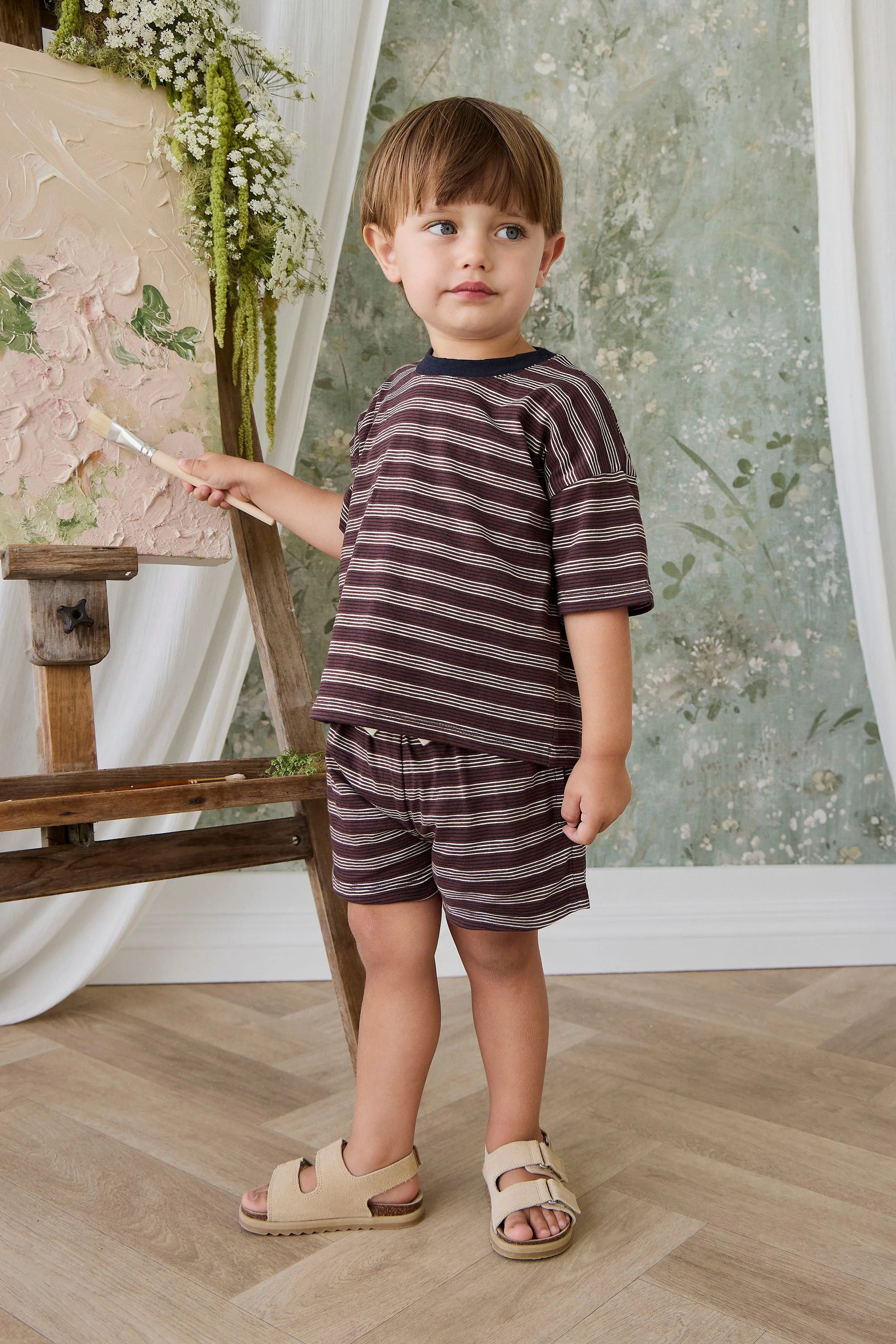 Casual Earthy Regal Multi-Stripe Slub Cotton Short with Elastic Waistband & Decorative Drawcord for Kids Active Summer Days